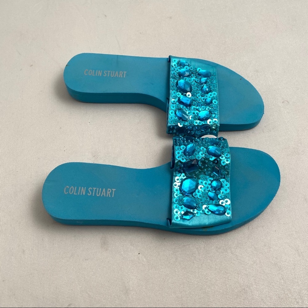 Colin Stuart turquoise bling jeweled flip flops 9/10 - Picture 2 of 6